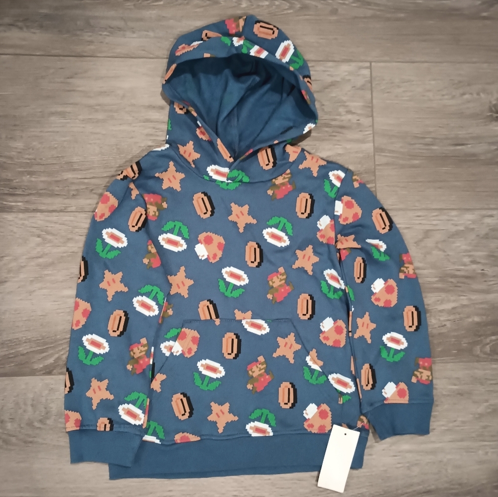 Nintendo Super Mario Bros Pullover Hoodie Kangaroo Pocket Blue Size 6